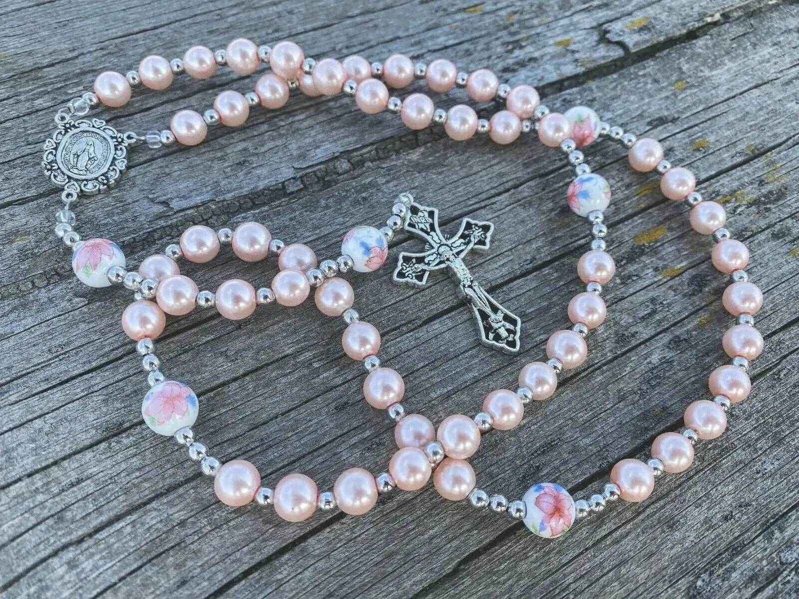 Pink Pearl Rosary Beads Miraculous Medal & Cross Crucifix