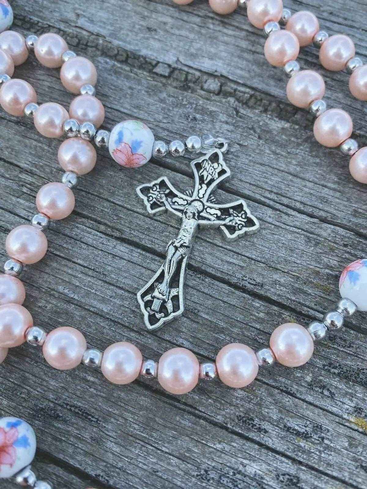 Pink Pearl Rosary Beads Miraculous Medal & Cross Crucifix