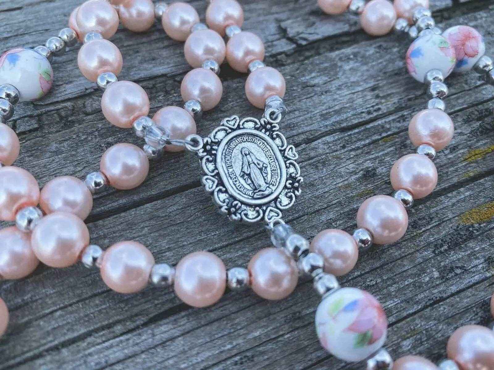 Pink Pearl Rosary Beads Miraculous Medal & Cross Crucifix