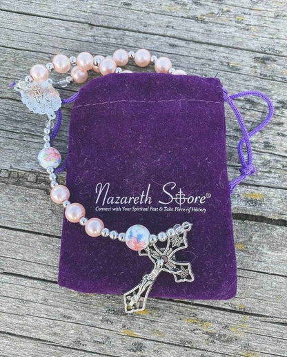 Pink Pearl Rosary Beads Miraculous Medal & Cross Crucifix