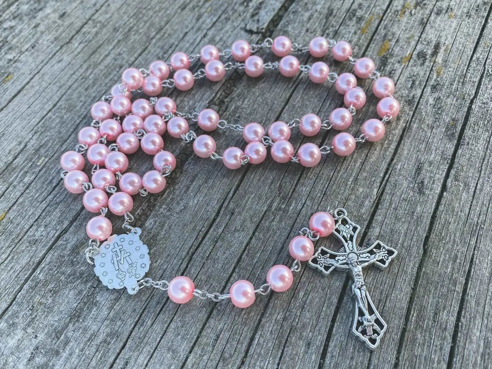 Pink Pearl Rosary Necklace Glass Beads Miraculous Medal & Cross Crucifix Nazareth Store