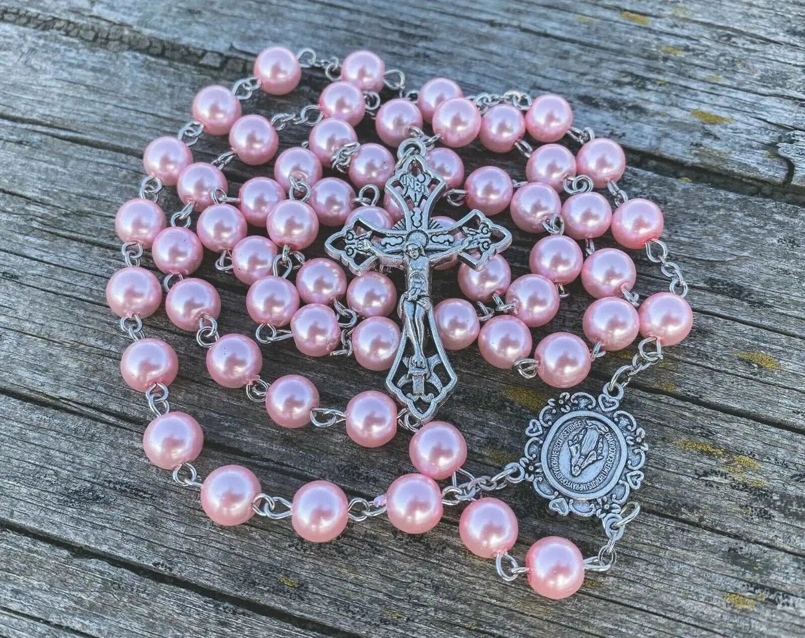 Pink Pearl Rosary Necklace Glass Beads Miraculous Medal & Cross Crucifix Nazareth Store