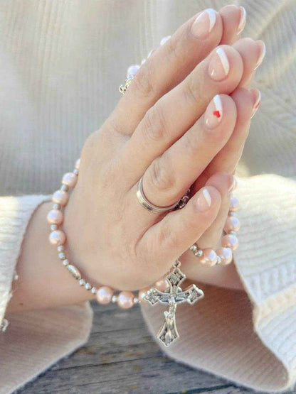 Pink Rosary Necklace Pearl Beads Chaplet Miraculous Medal & Cross