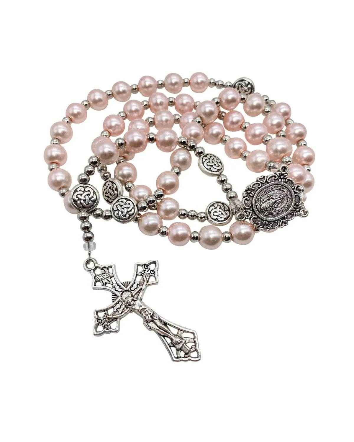 Pink Rosary Necklace Pearl Beads Chaplet Miraculous Medal & Cross