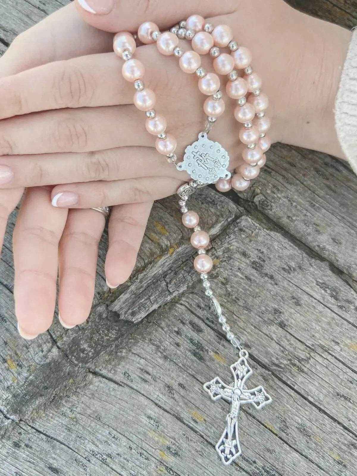 Pink Rosary Necklace Pearl Beads Chaplet Miraculous Medal & Cross
