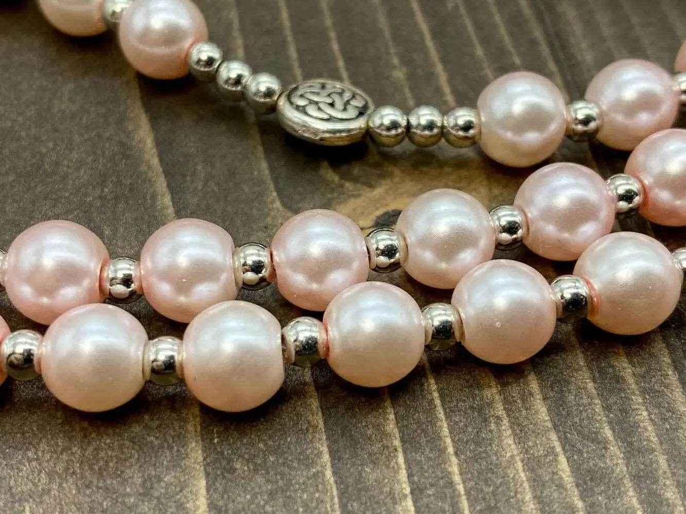 Pink Rosary Necklace Pearl Beads Chaplet Miraculous Medal & Cross
