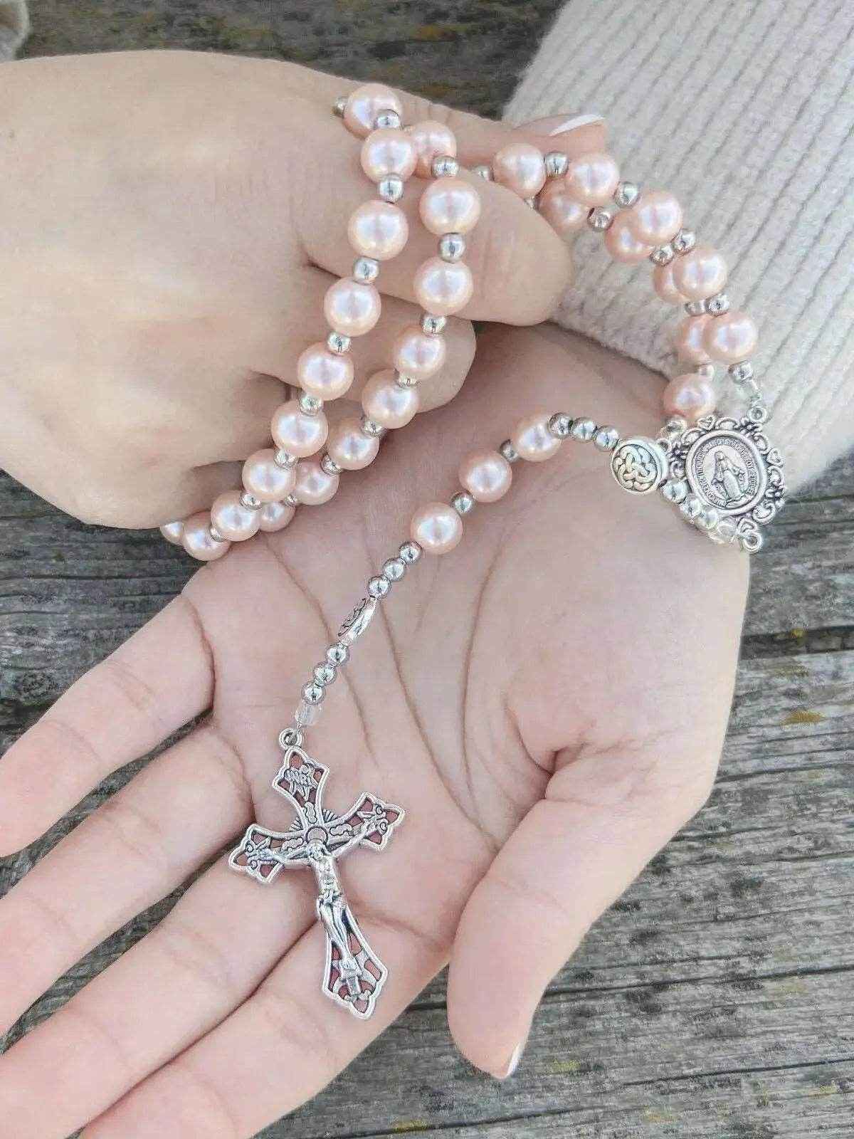 Pink Rosary Necklace Pearl Beads Chaplet Miraculous Medal & Cross