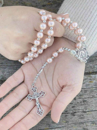 Pink Rosary Necklace Pearl Beads Chaplet Miraculous Medal & Cross