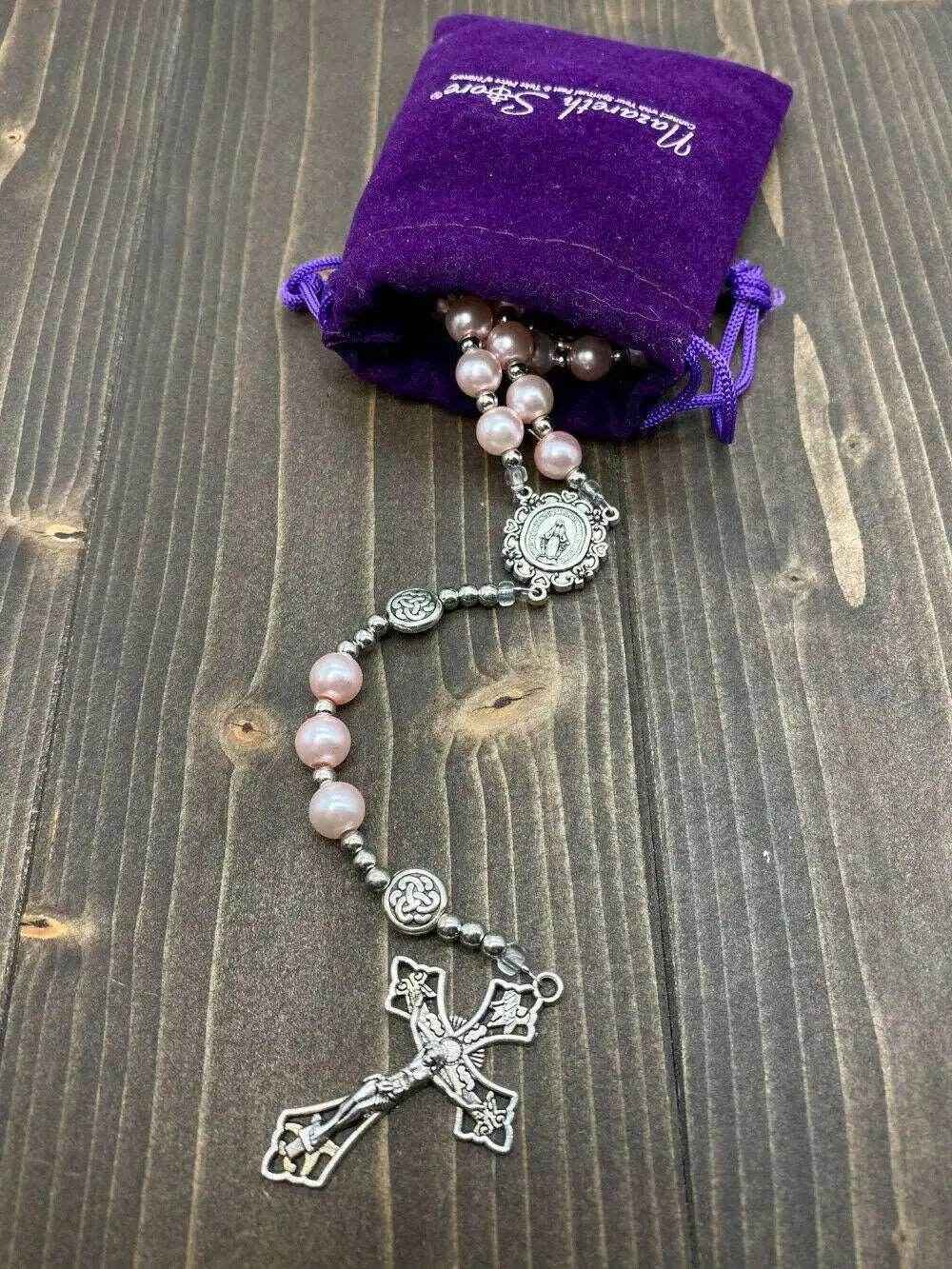 Pink Rosary Necklace Pearl Beads Chaplet Miraculous Medal & Cross