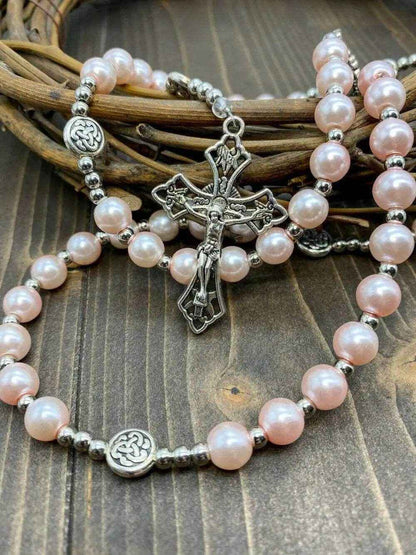 Pink Rosary Necklace Pearl Beads Chaplet Miraculous Medal & Cross