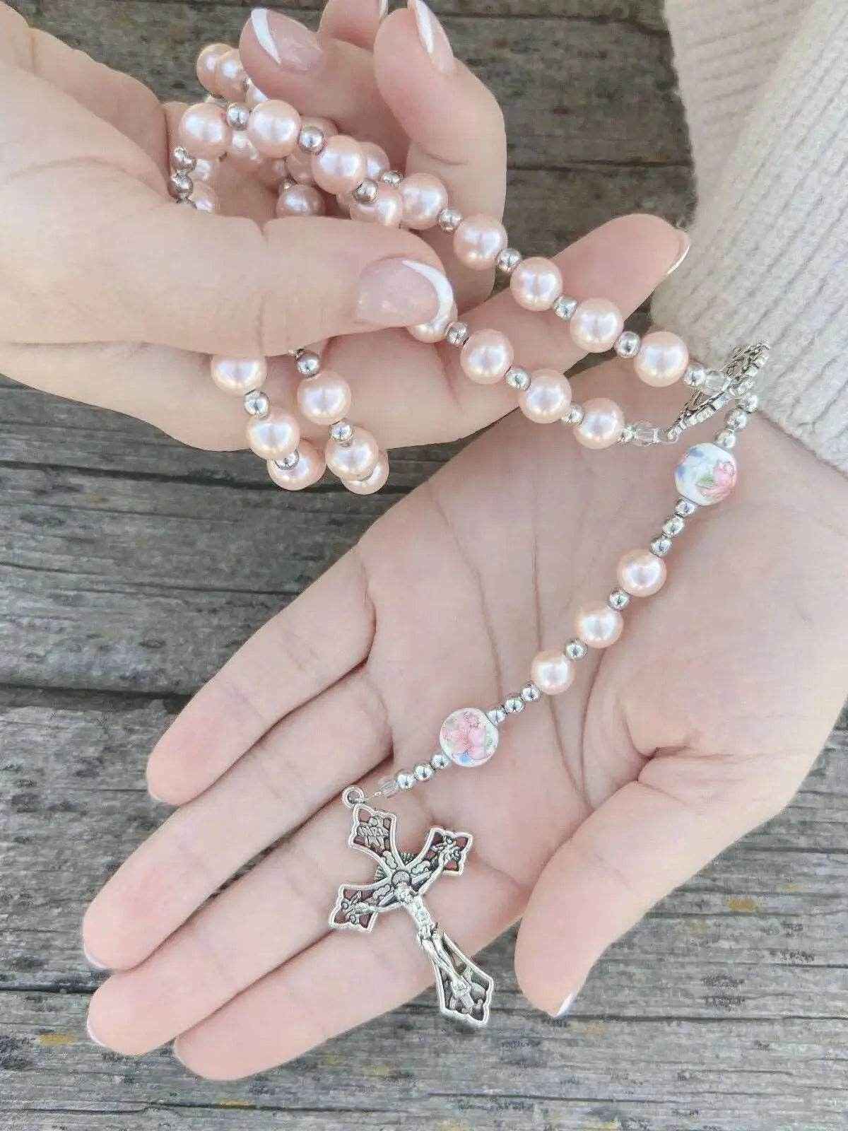 Pink Pearl Rosary Beads Necklace Miraculous Medal & Cross Crucifix - Nazareth Store