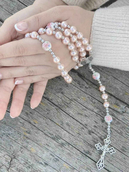 Pink Pearl Rosary Beads Necklace Miraculous Medal & Cross Crucifix - Nazareth Store