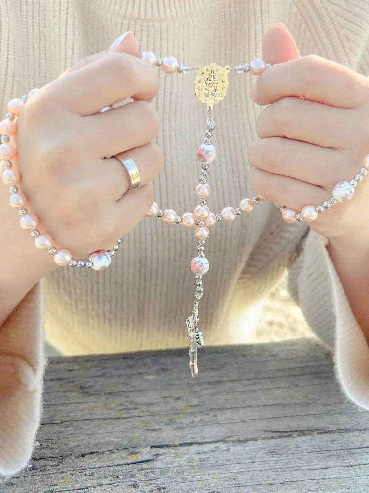 Pink Pearl Rosary Beads Necklace Miraculous Medal & Cross Crucifix - Nazareth Store