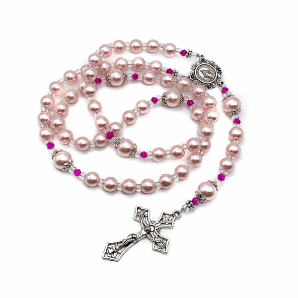 Catholic Pink Pearl Beads Rosary Necklace with Miraculous Medal & Cross Crucifix - Nazareth Store