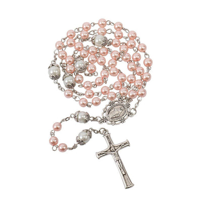 Pink Pearl Rosary Necklace with Miraculous Medal & Crucifix White Mystery Prayer Beads - Nazareth Store