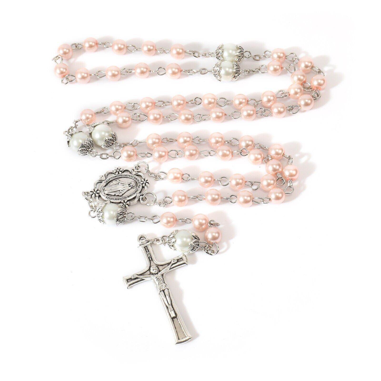 Pink Pearl Rosary Necklace with Miraculous Medal & Crucifix White Mystery Prayer Beads - Nazareth Store