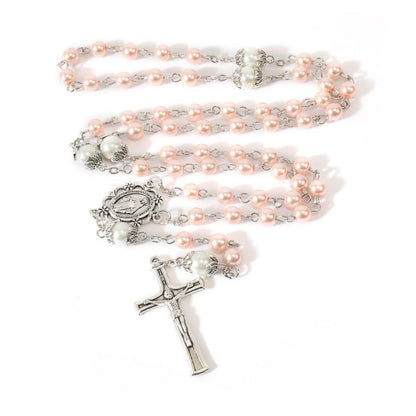 Pink Pearl Rosary Necklace with Miraculous Medal & Crucifix White Mystery Prayer Beads - Nazareth Store