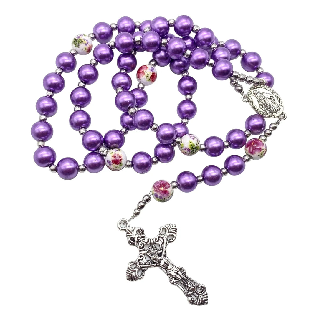 Purple Pearl Beads Rosary Flowers 20" Beaded Necklace Miraculous Medal & Cross