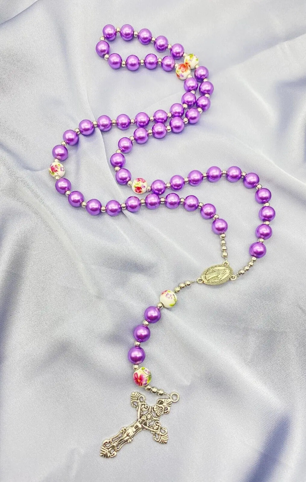 Purple Pearl Beads Rosary Flowers 20" Beaded Necklace Miraculous Medal & Cross