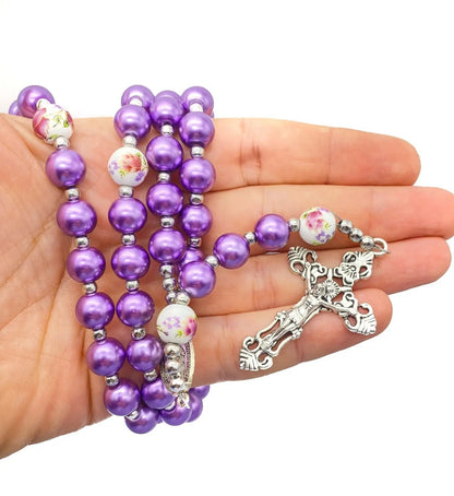 Purple Pearl Beads Rosary Flowers 20" Beaded Necklace Miraculous Medal & Cross