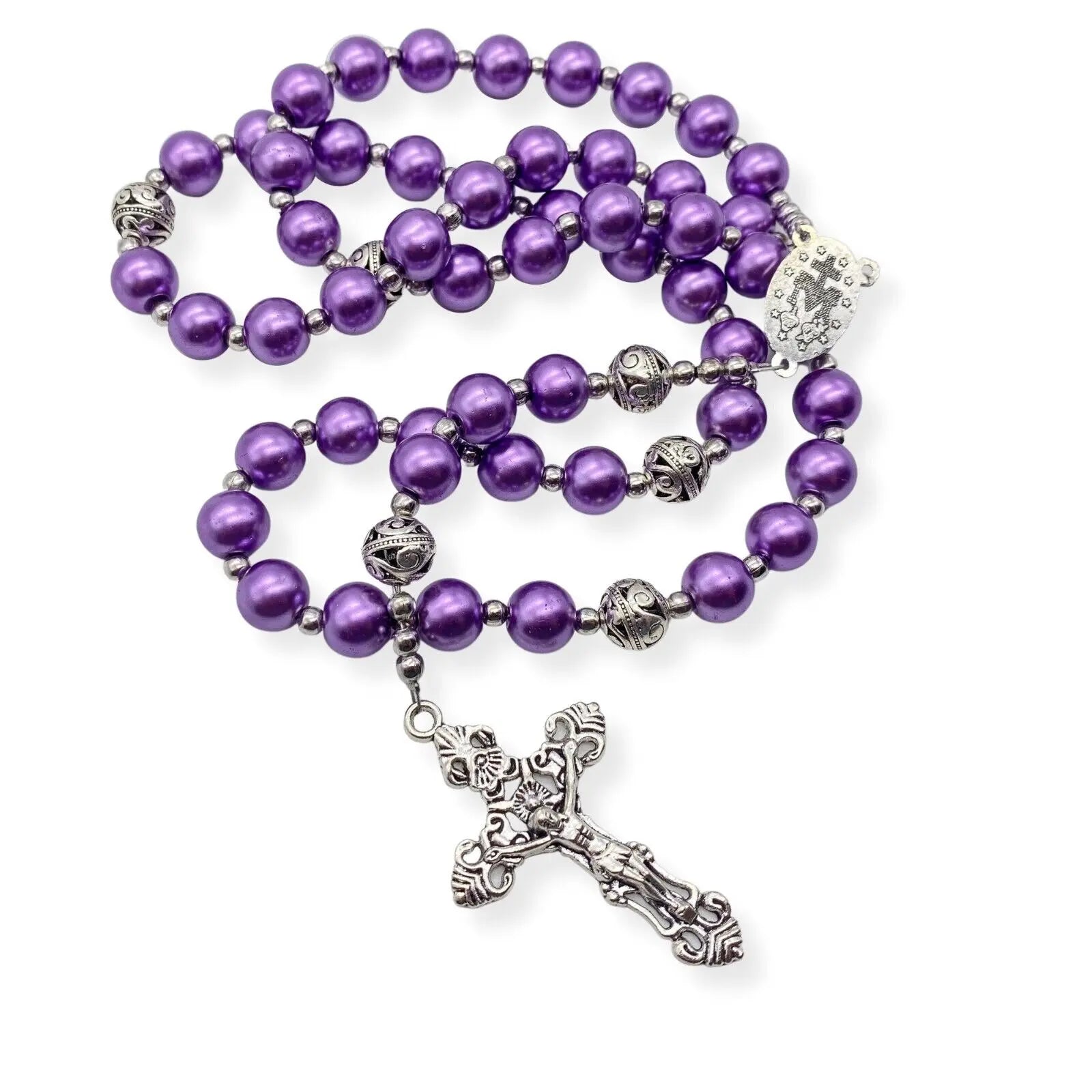 Purple Pearl Beads Rosary 20" Metal Beaded Necklace Miraculous Medal & Cross 