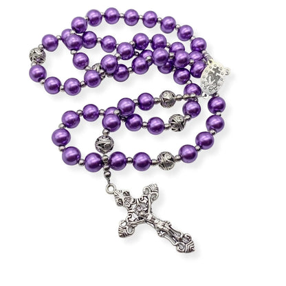 Purple Pearl Beads Rosary 20" Metal Beaded Necklace Miraculous Medal & Cross