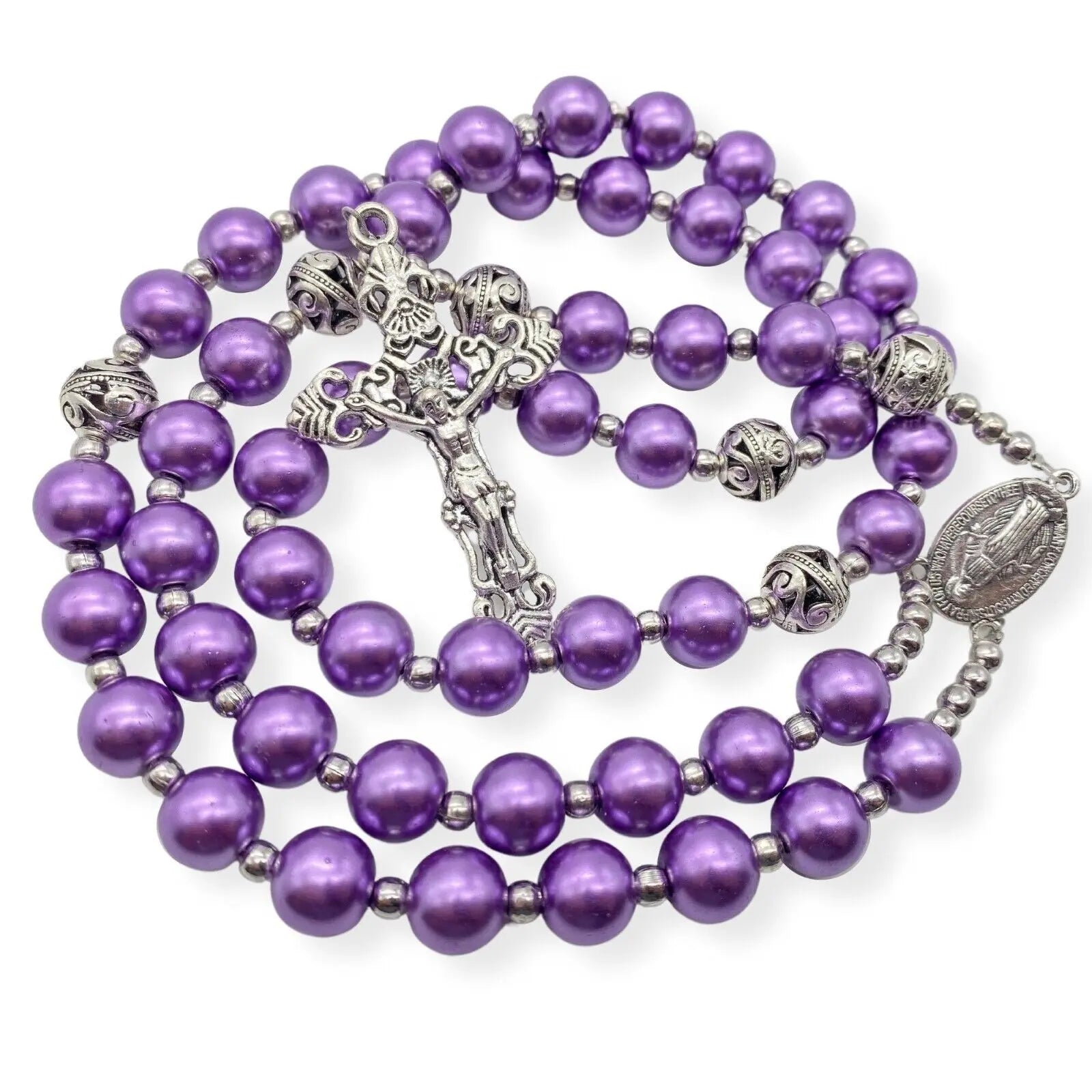 Purple Pearl Beads Rosary 20" Metal Beaded Necklace Miraculous Medal & Cross 