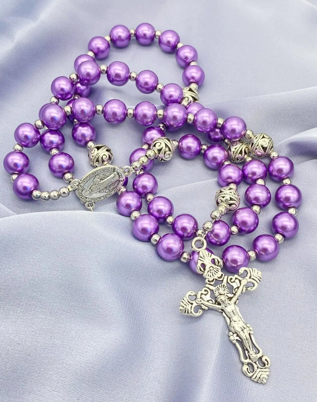 Purple Pearl Beads Rosary 20" Metal Beaded Necklace Miraculous Medal & Cross