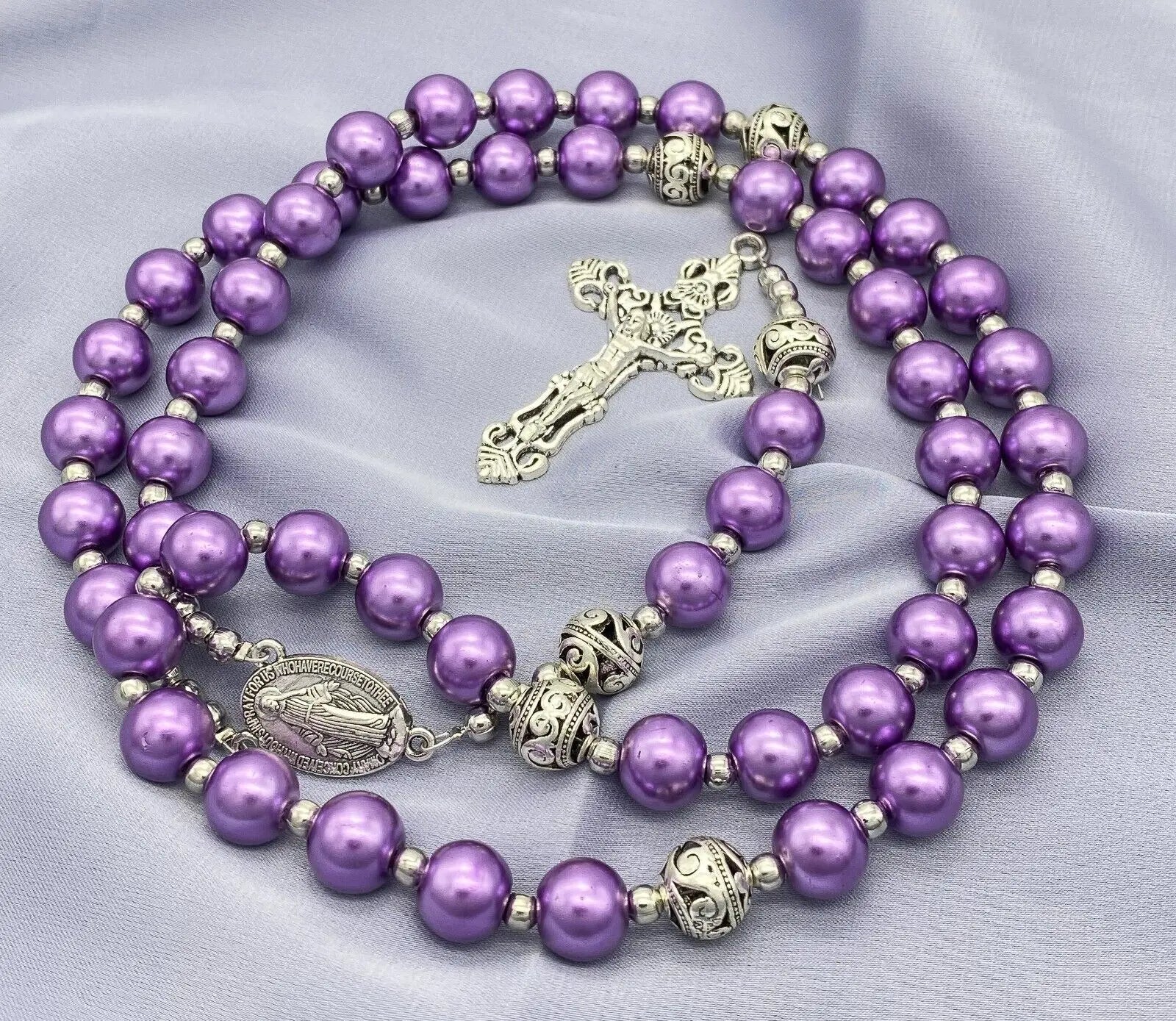 Purple Pearl Beads Rosary 20" Metal Beaded Necklace Miraculous Medal & Cross 