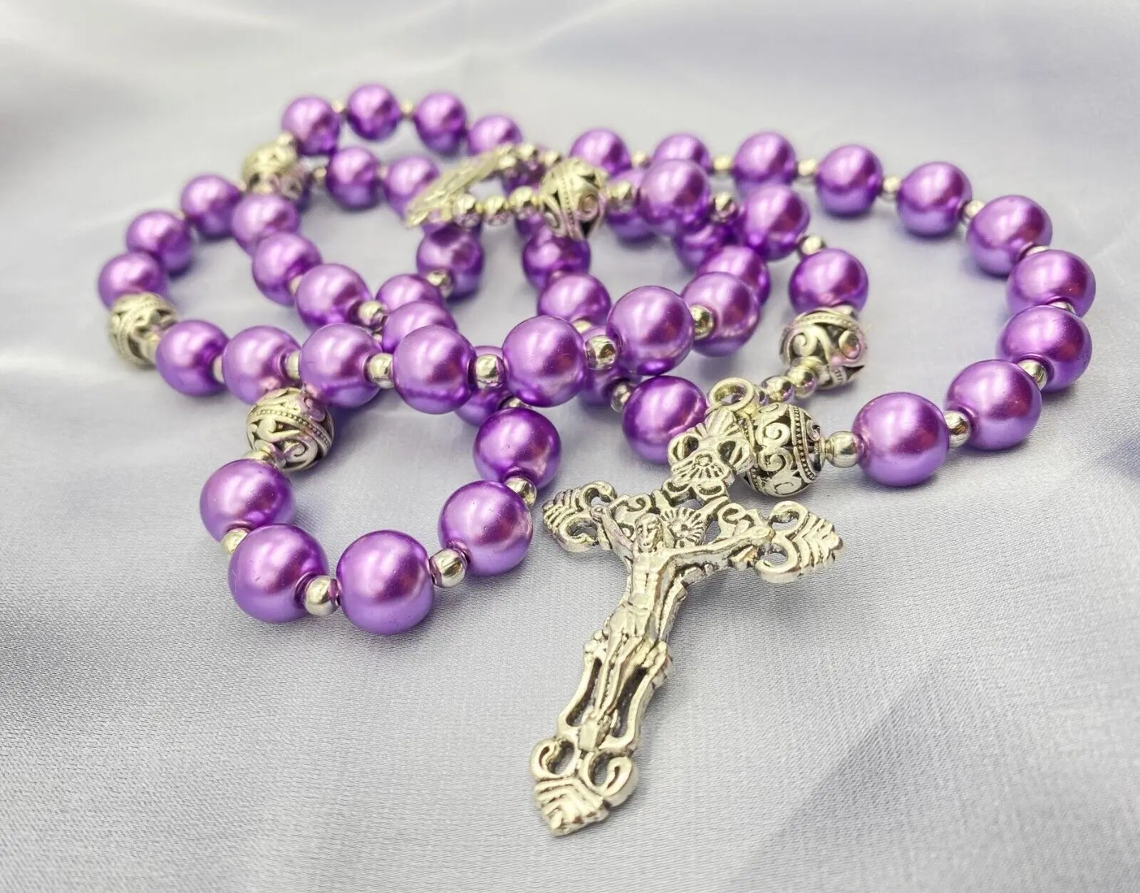 Purple Pearl Beads Rosary 20" Metal Beaded Necklace Miraculous Medal & Cross 