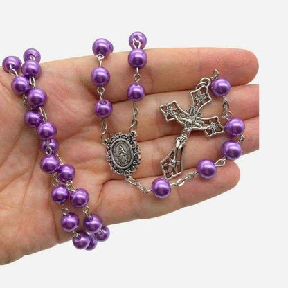 Purple Pearl Beads Rosary Necklace with Miraculous Medal & Cross Crucifix - Nazareth Store
