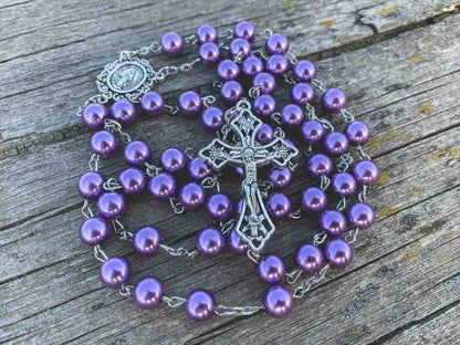Purple Pearl Beads Rosary Necklace with Miraculous Medal & Cross Crucifix - Nazareth Store