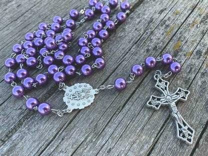 Purple Pearl Beads Rosary Necklace with Miraculous Medal & Cross Crucifix - Nazareth Store