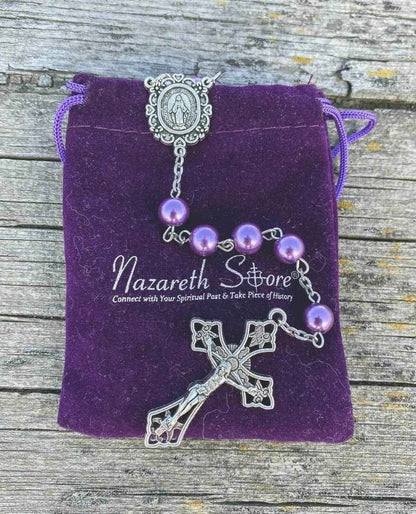 Purple Pearl Beads Rosary Necklace with Miraculous Medal & Cross Crucifix - Nazareth Store