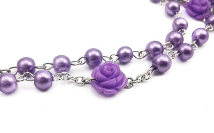Purple Pearl Beads Rosary Necklace Our Rose Holy Soil Medal - Velvet Bag - Nazareth Store
