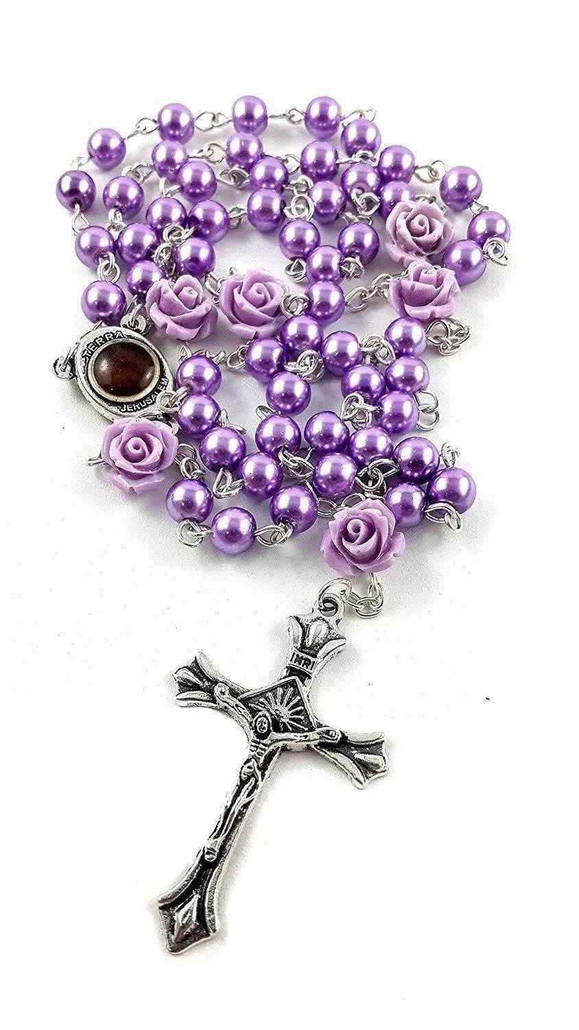 Purple Pearl Beads Rosary Necklace Our Rose Holy Soil Medal - Velvet Bag - Nazareth Store