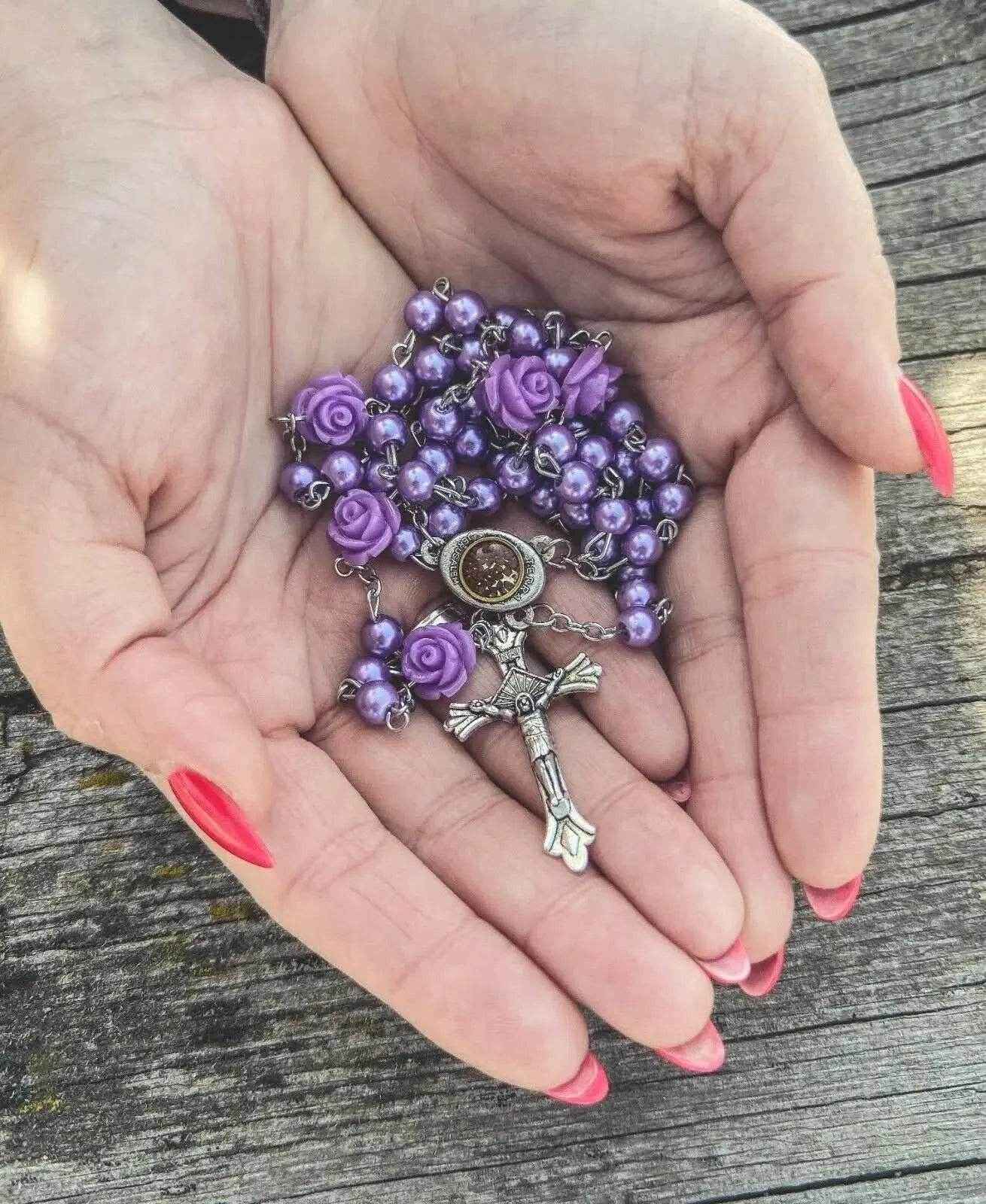 Purple Pearl Beads Rosary Necklace Our Rose Holy Soil Medal - Velvet Bag