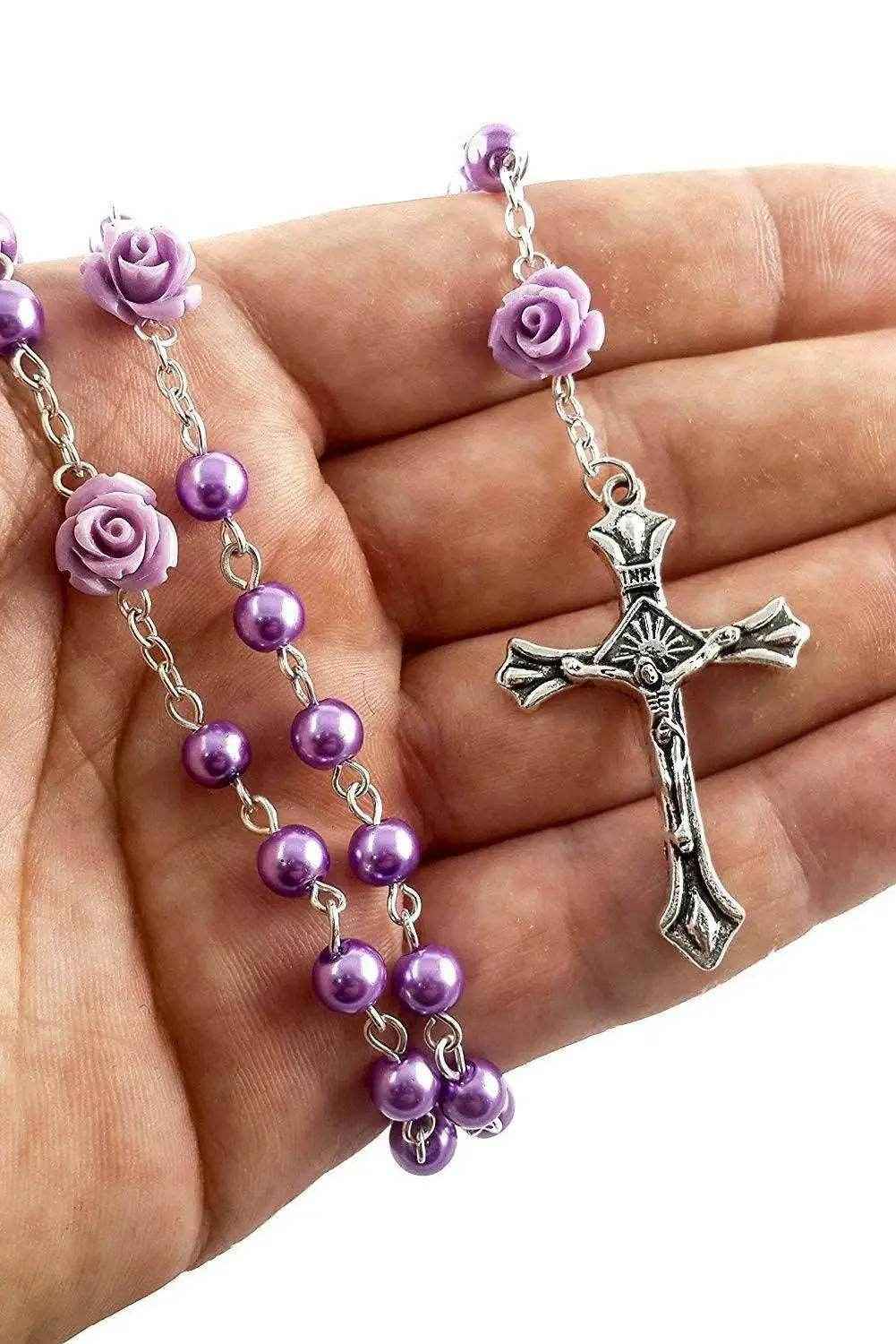 Purple Pearl Beads Rosary Necklace Our Rose Holy Soil Medal - Velvet Bag