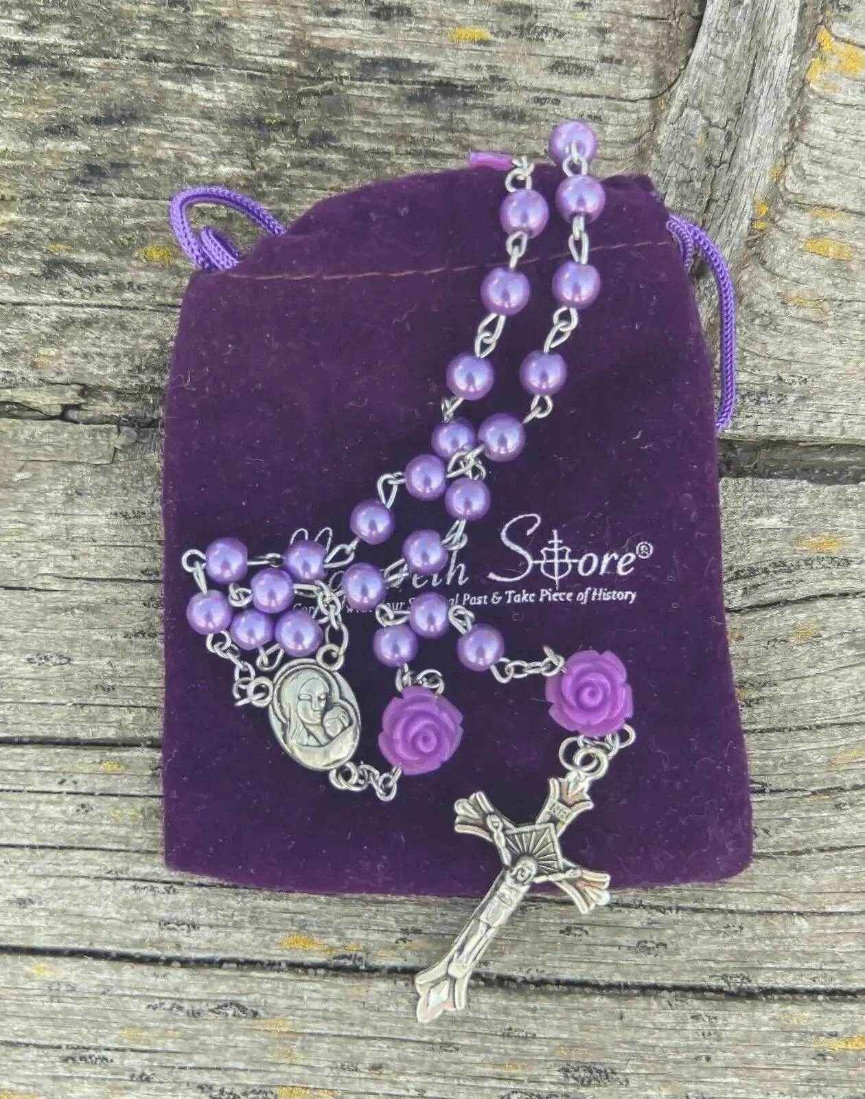 Purple Pearl Beads Rosary Necklace Our Rose Holy Soil Medal - Velvet Bag