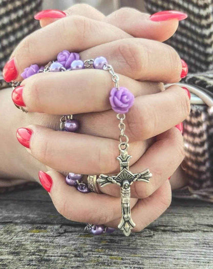 Purple Pearl Beads Rosary Necklace Our Rose Holy Soil Medal - Velvet Bag