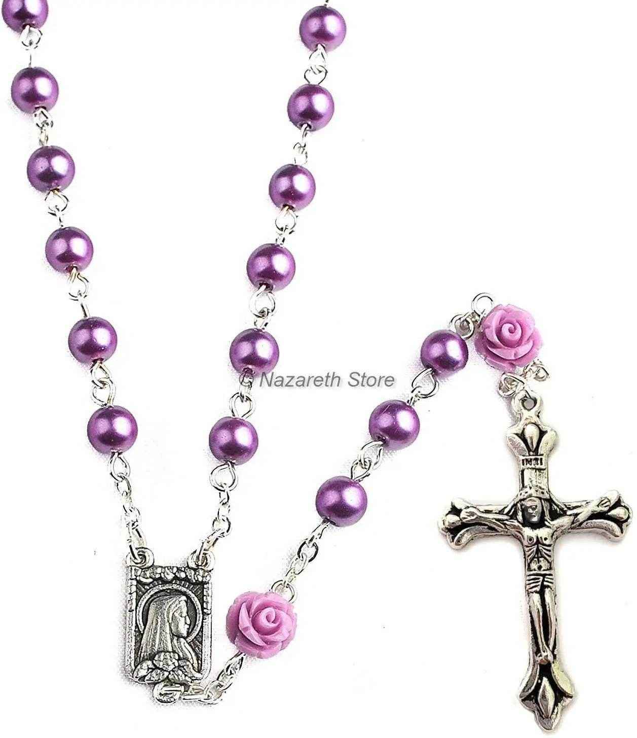 Purple Pearl Catholic Rosary Necklace Our Rose Lourdes Medal