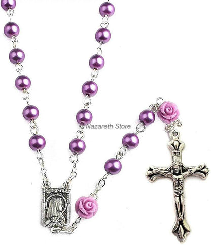 Purple Pearl Catholic Rosary Necklace Our Rose Lourdes Medal