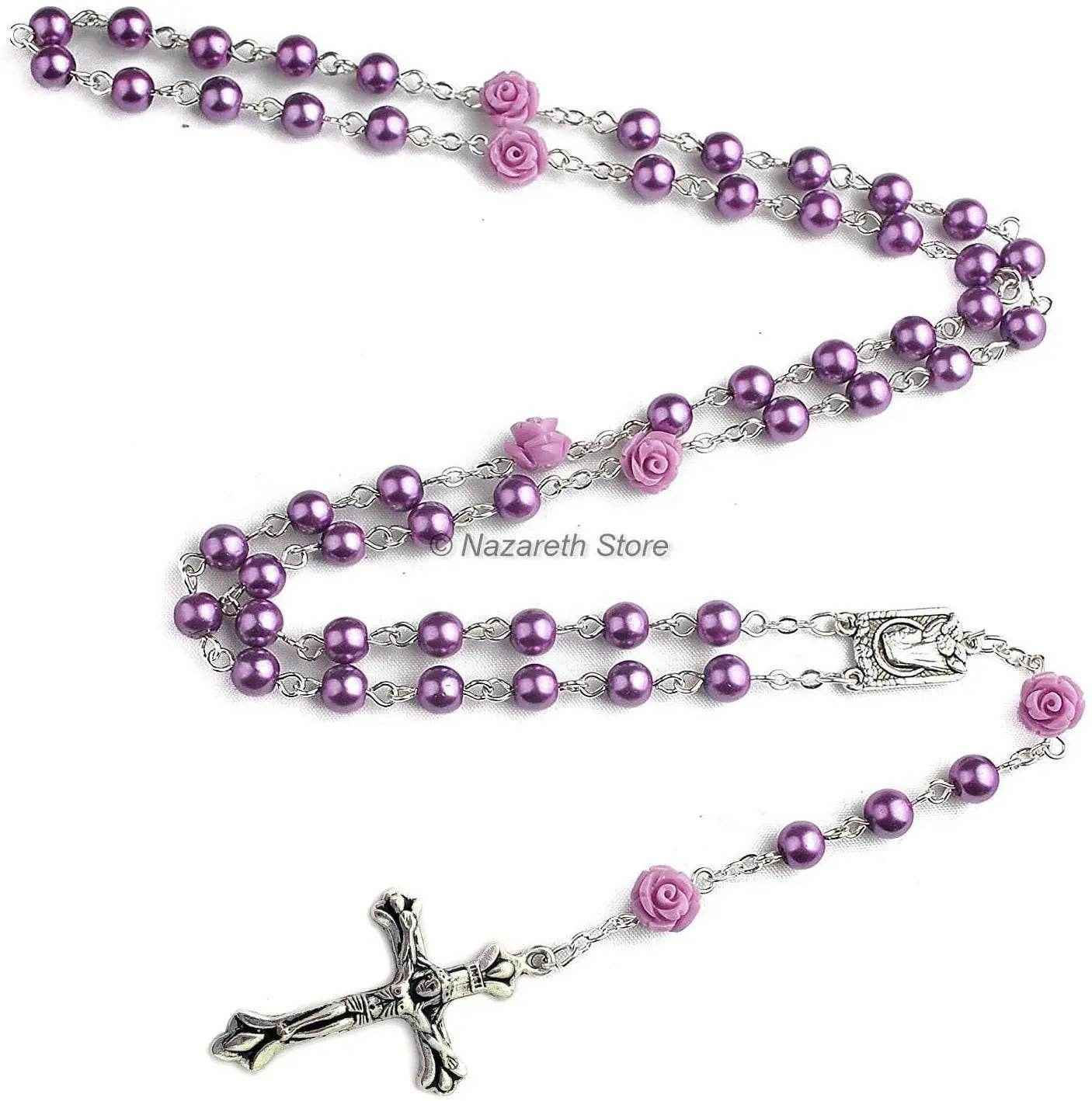 Purple Pearl Catholic Rosary Necklace Our Rose Lourdes Medal