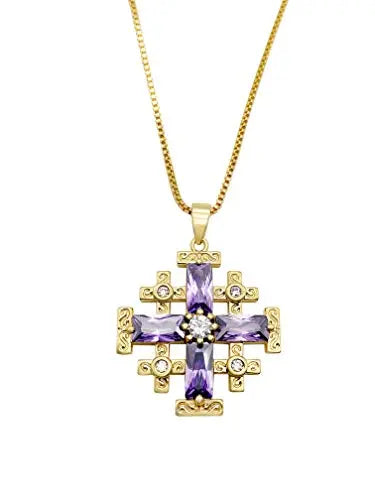 Purple Topaz Jerusalem Cross Pendant Necklace 20" Gold Plated Crusaders Crucifix Charm Nazareth Store