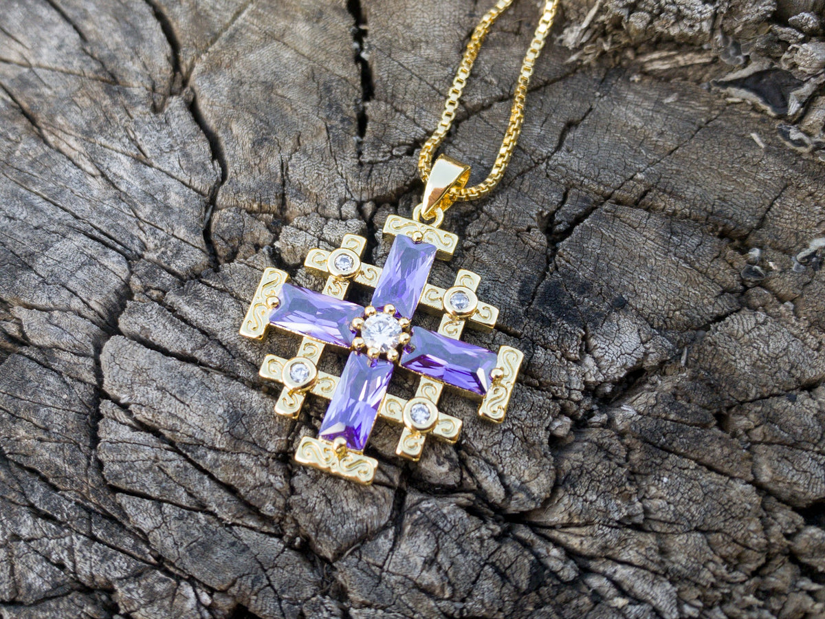 Purple Topaz Jerusalem Cross Pendant Necklace 20" Gold Plated Crusaders Crucifix Charm Nazareth Store