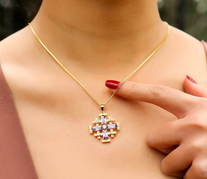 Purple Topaz Jerusalem Cross Pendant Necklace 20" Gold Plated Crusaders Crucifix Charm Nazareth Store
