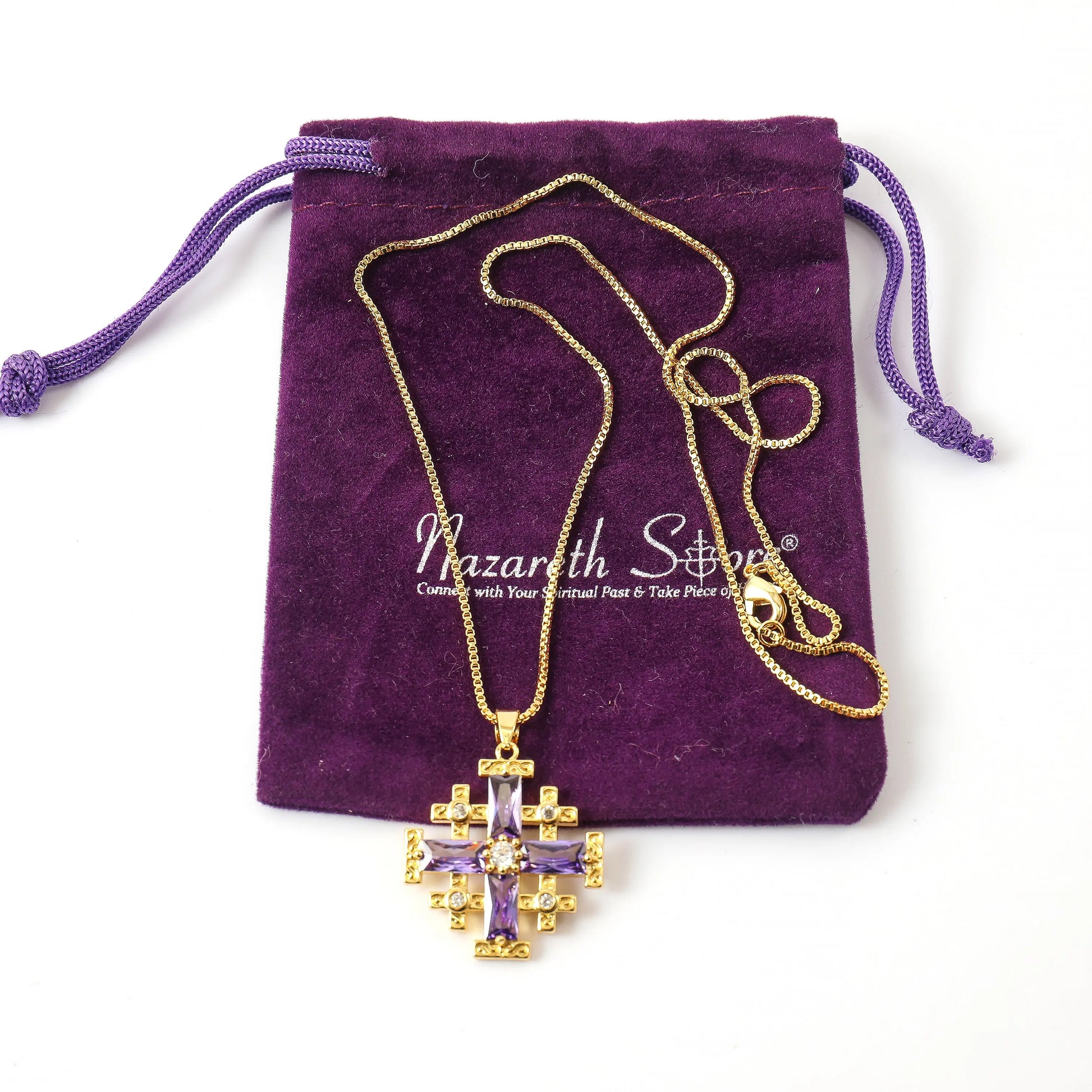 Purple Topaz Jerusalem Cross Pendant Necklace 20" Gold Plated Crusaders Crucifix Charm Nazareth Store