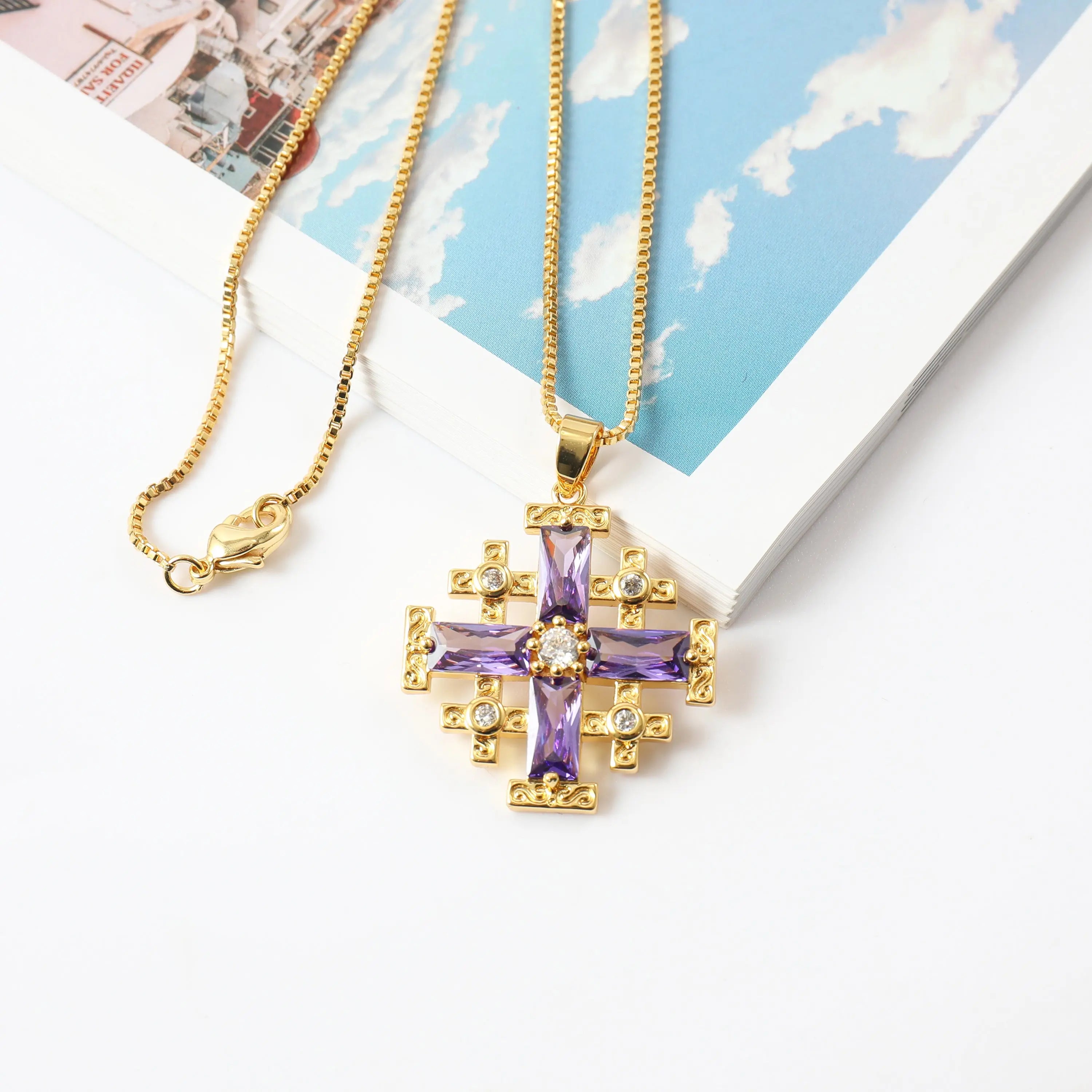 Purple Topaz Jerusalem Cross Pendant Necklace 20" Gold Plated Crusaders Crucifix Charm Nazareth Store