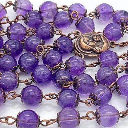 Purple Amethyst Stone Beads Rosary Necklace with Holy Soil Medal & Cross Crucifix - Nazareth Store