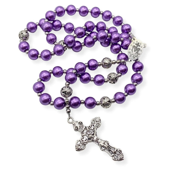 Purple Pearl Rosary Necklace with Miraculous Medal & Silver-Plated Crucifix Catholic Prayer Beads - Nazareth Store 